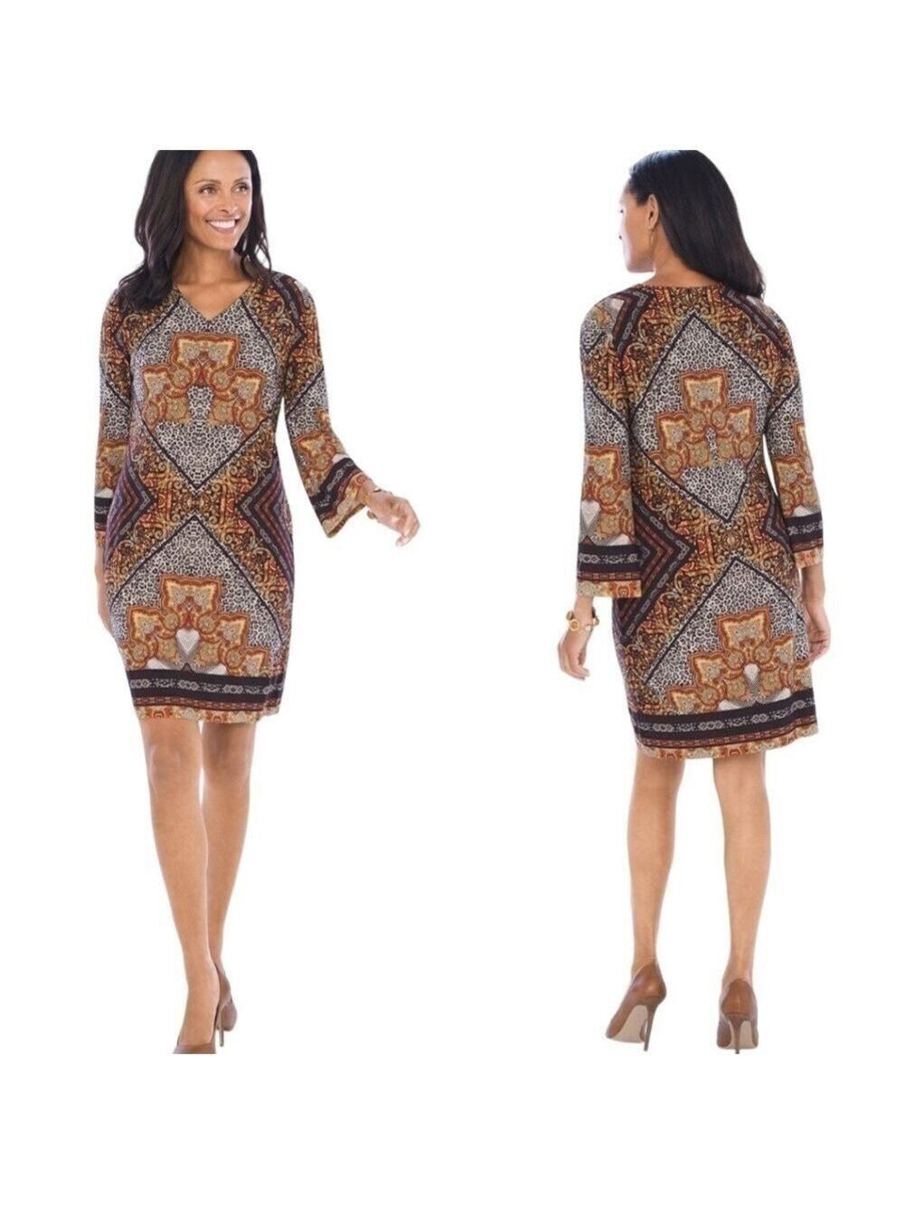 CHICO’S Animal Paisley Medallion Dress Bracelet Flared Long Sleeve US Sz L